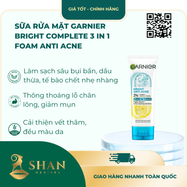 Sua Rua Mat Garnier Bright Complete 3 in 1 Foam Anti Acne – Mau Moi