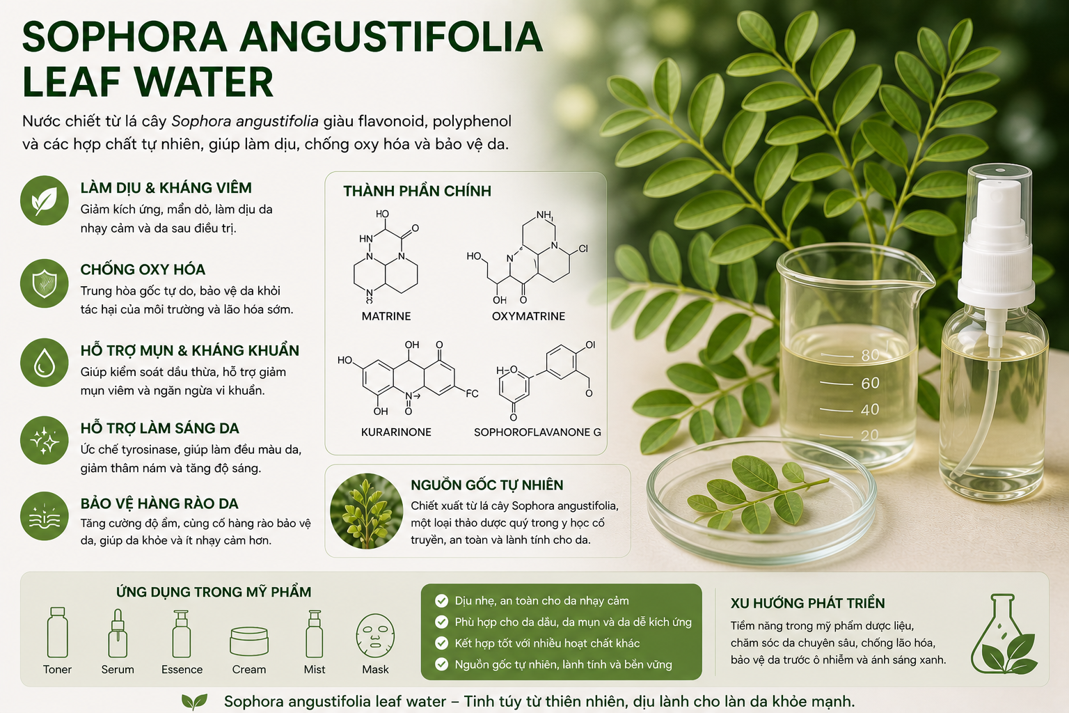 sophora angustifolia leaf water la hoat chat gi cong dung trong duoc my pham